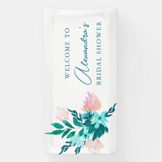 アクアブルーグリーンの水彩花のウェディングシャワー 横断幕 (縦)