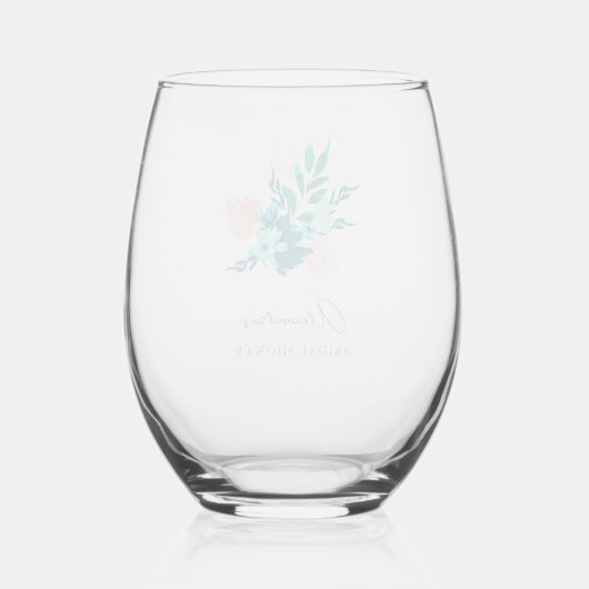 アクアブルーグリーンの水彩花柄のウェディングシャワーパーティー ステムなしワイングラス (裏面)