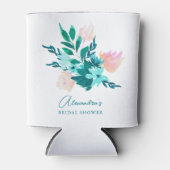 アクアブルーグリーンの水彩花柄のブライズシャワー 缶クーラー (正面)