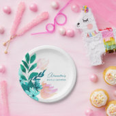 アクアブルーグリーンウォーターカラーフローラブライダルシャワー ペーパープレート (パーティー)