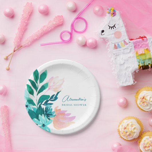 アクアブルーグリーンウォーターカラーフローラブライダルシャワー ペーパープレート (パーティー)