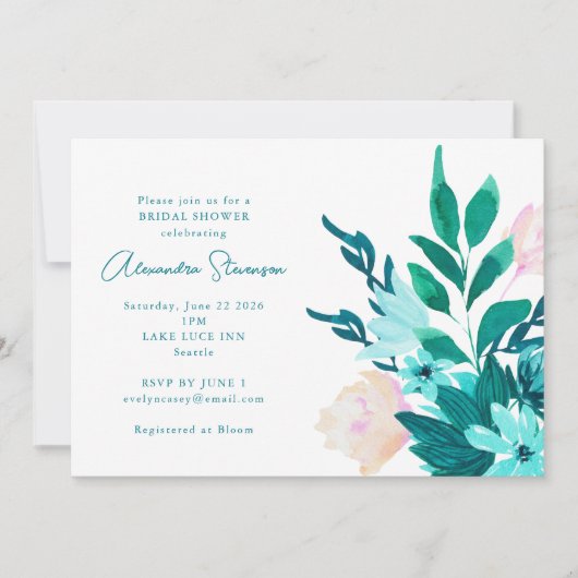アクアブルーグリーンウォーターカラーフローラブライダルシャワー 招待状 (正面)