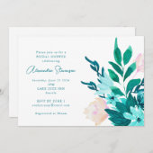 アクアブルーグリーンウォーターカラーフローラブライダルシャワー 招待状 (正面/裏面)