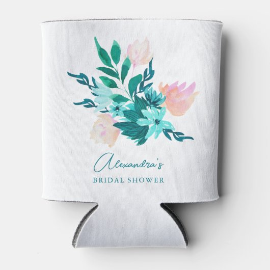 アクアブルーグリーンウォーターカラーフローラブライダルシャワー 缶クーラー (正面)