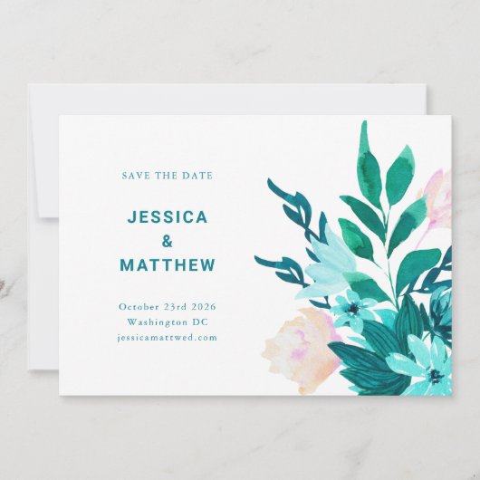 アクアブルーグリーンウォーターカラーフローラミニマリスト セーブザデート (正面)