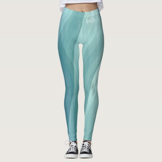 アクアブルーグリーンウォーター色ストライプ名前をカスタムする レギンス (正面)