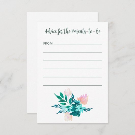 アクアブルーグリーンウォーター色フローラベビーシャワー アドバイスカード (正面/裏面)