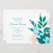 アクアブルーグリーンウォーター色フローラベビーシャワー 招待状 (正面/裏面)
