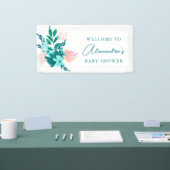 アクアブルーグリーンウォーター色フローラベビーシャワー 横断幕 (トレードショー)