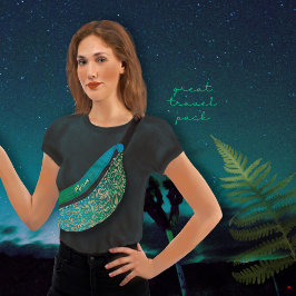 アクアブルーグリーングラデーションフローラルパターン ファニーパック