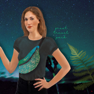 アクアブルーグリーングラデーションフローラルパターン ファニーパック