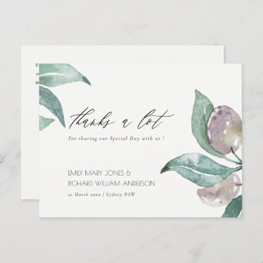 アクアブルーグリーン水彩紅葉オリーブありがとう ポストカード (正面/裏面)