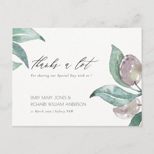 アクアブルーグリーン水彩紅葉オリーブありがとう ポストカード (正面)