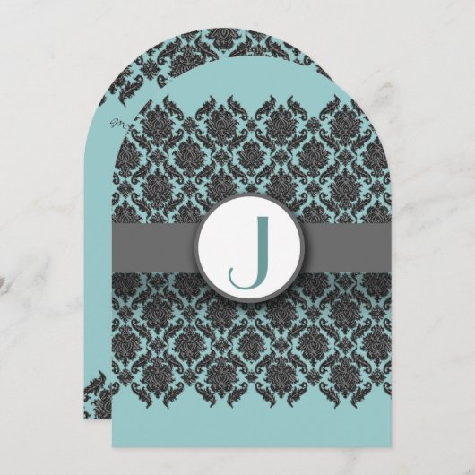 アクアブルーグレーベベルダマスクウェディング招待状 招待状 (正面/裏面)