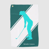 アクアブルーゴルファーオンティール（緑がかった色）ホワイト ゴルフタオル (正面)