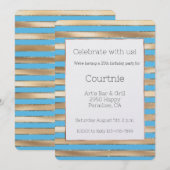 アクアブルーゴールドのストライプ柄誕生日 招待状 (正面/裏面)