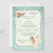 アクアブルーゴールドスクロールビーチオーシャンシェルスターフィッシュ 招待状 (正面)