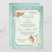 アクアブルーゴールドスクロールビーチオーシャンシェルスターフィッシュ 招待状 (正面/裏面)