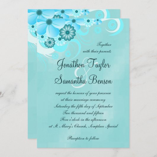 アクアブルーサファイアフローラハイビスカスウェディング招待状 招待状 (正面/裏面)