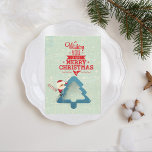 アクアブルーサンタクロスクリスマスツリー シーズンカード<br><div class="desc">赤いタイポグラフィレトロな抽象芸術アクアの背景と非常に陽気なクリスマスを望む。背景に白い星形がある。サンタクロースは右手にキャンディーの杖を持ち、青い切り抜きのクリスマスツリーを持っている。</div>