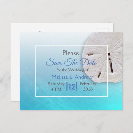 アクアブルーサンドドルをテーマにした結婚式の日付を保存 案内ポストカード (正面/裏面)