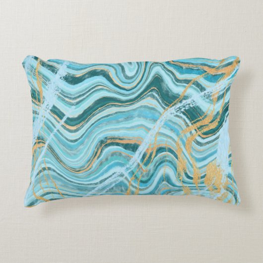 アクアブルーシックビーチ水彩瑪瑙デコールピロー アクセントクッション (正面)