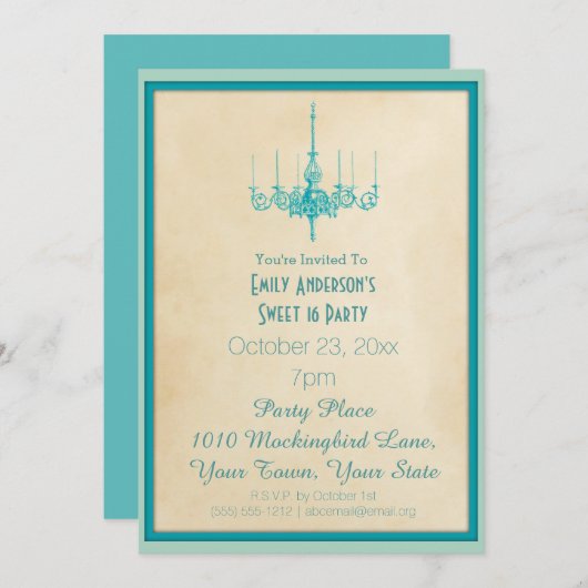 アクアブルーシャンデリアスウィート16 招待状 (正面/裏面)