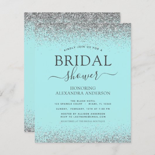 アクアブルーシルバーグリッターブライダルシャワー招待 (正面/裏面)