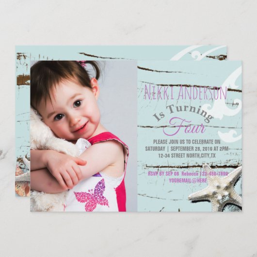 アクアブルーシーシェルビーチ写真バースデーパーティー 招待状 (正面/裏面)