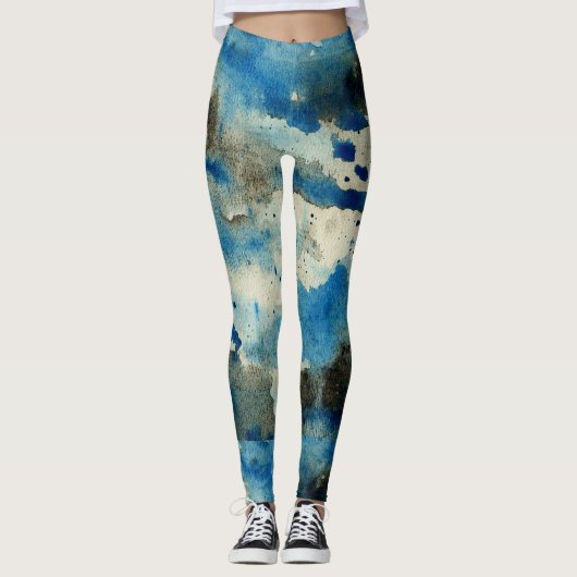 アクアブルーシー抽象芸術アモダンートシックウォーターカラー レギンス (正面)