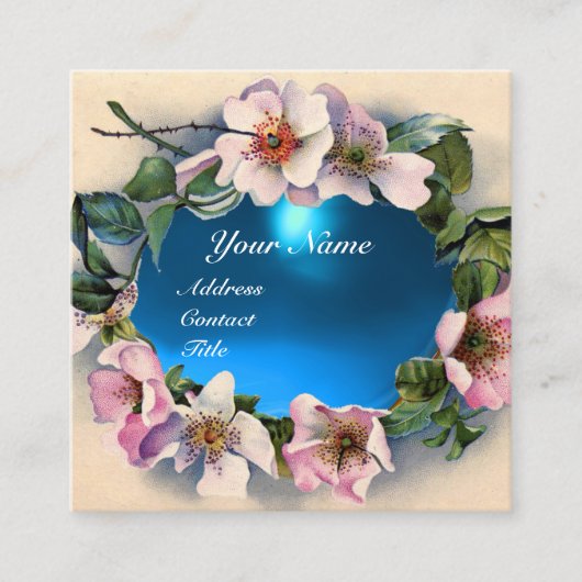 アクアブルージェムストーンモノグラムを有する野生バラ スクエア名刺 (正面)