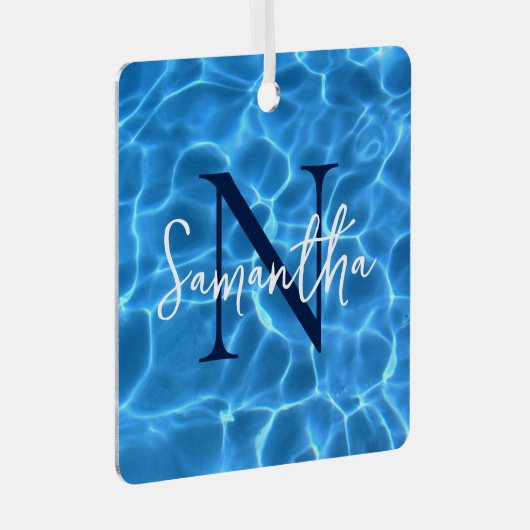 アクアブルースイミングプールフォトモノグラムの メタルオーナメント (正面右)