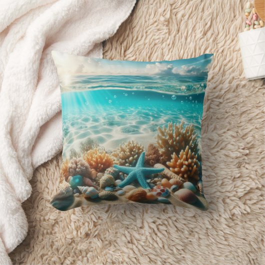アクアブルースターフィッシュシーシェルトロピカルビーチイ クッション (ブランケット)