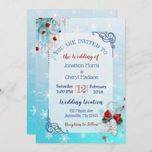 アクアブルースノーフレーククリスマス結婚式招待状 招待状 (正面/裏面)