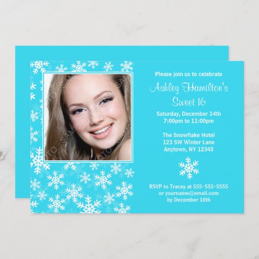 アクアブルースノーフレーク写真スウィート16招待状 招待状 (正面/裏面)