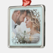 アクアブルースノーフレーク結婚フレームホリデイの写真 メタルオーナメント (左)