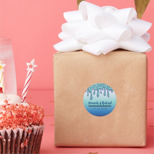 アクアブルースパークルグリッタードリップ結婚ズギフト ラウンドシール (パーティー)