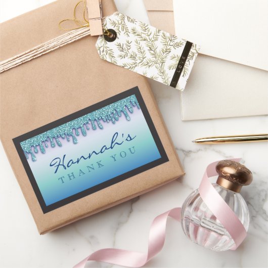 アクアブルースパークルドリッピードリップベビーシャワーステッカー 長方形シール (ギフト)