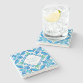 アクアブルータラベラタイルモノグラムの結婚式の引き出物 ストーンコースター (横)