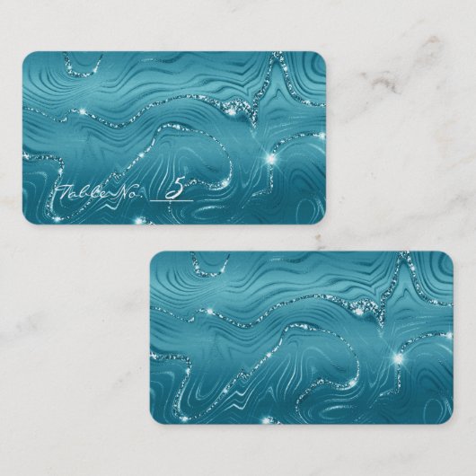 アクアブルーターコイズ結婚大理石の表番号 プレイスカード (正面/裏面)