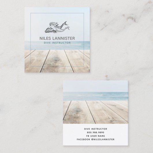 アクアブルーダイブインストラクターマーメイドドルフィン スクエア名刺 (正面/裏面)