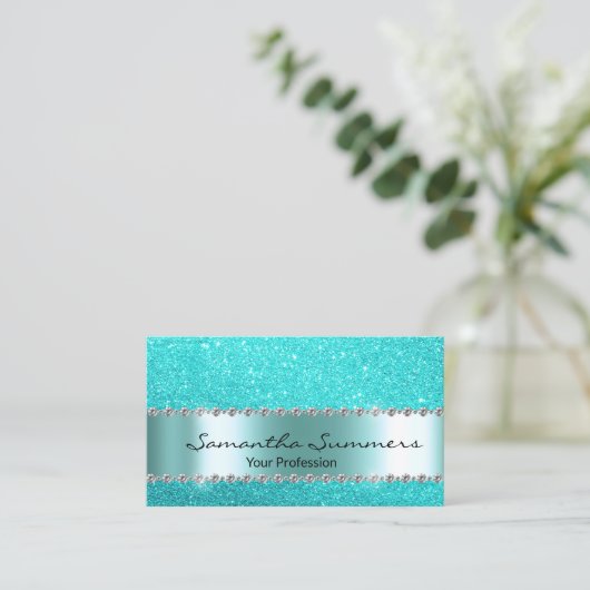 アクアブルーダイヤモンドメタルエレガントグリッター 名刺 (スタンド正面)