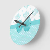 アクアブルーダマスクウィズターコイズリボン ラウンド壁時計 (傾斜)