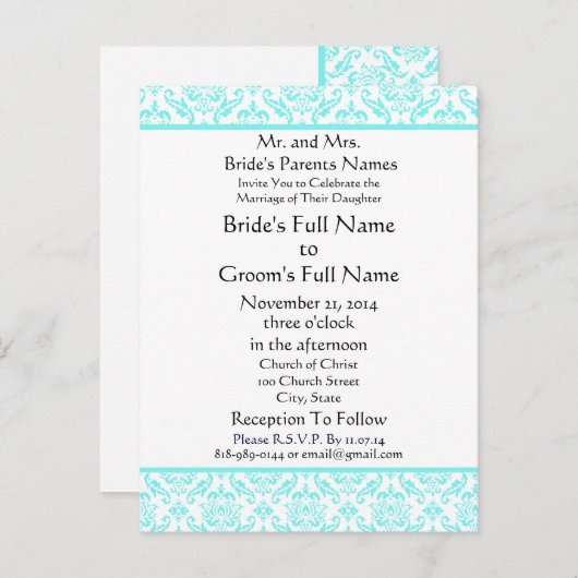 アクアブルーダマスクオンホワイト結婚式招待状 インビテーションポストカード (正面/裏面)