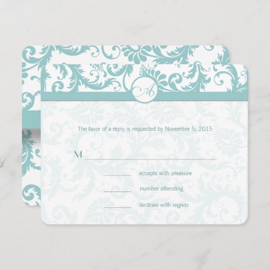 アクアブルーダマスクスワーズ結婚式招待状 出欠カード (正面/裏面)