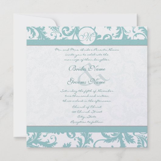 アクアブルーダマスクスワーズ結婚式招待状 招待状 (正面)