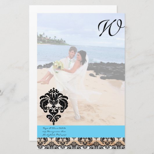 アクアブルーダマスクモノグラム結婚ズ 便箋 (正面/裏面)