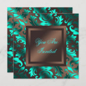 アクアブルーチョコレートブラウンダマスクパーティー 招待状 (正面/裏面)