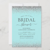 アクアブルーティール（緑がかった色）シルバーグリッターブライダルシャワー 招待状 (正面)