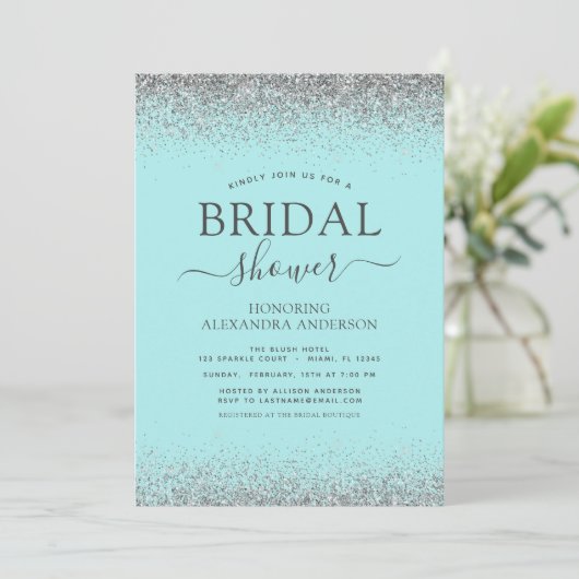 アクアブルーティール(緑がかった色)シルバーグリッターブライダルシャワー 招待状 (スタンド正面)